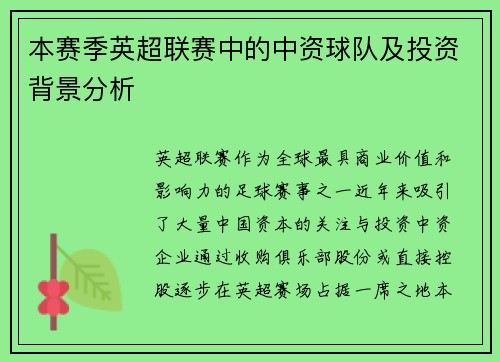 本赛季英超联赛中的中资球队及投资背景分析